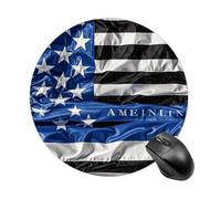 Gaming Mouse Pad 7.8" Non-Slip Rubber Base American Thin Blue Line Flag Mousepad for Computer Laptop Home Office Desk Mousepads Waterproof Washable Cute Small Mouse Mat (Round Black)
