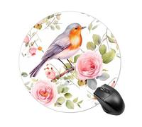 Gaming Mouse Pad 7.8" Non-Slip Rubber Base Floral Robin Bird Mousepad for Computer Laptop Home Office Desk Mousepads Waterproof Washable Cute Small Mouse Mat (Round Black)