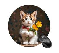 Gaming Mouse Pad 7.8" Non-Slip Rubber Base Kitten Hugging A Flower Mousepad for Computer Laptop Home Office Desk Mousepads Waterproof Washable Cute Small Mouse Mat (Round Black)