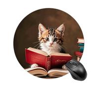 Gaming Mouse Pad 7.8" Non-Slip Rubber Base Kitten Reading A Book Mousepad for Computer Laptop Home Office Desk Mousepads Waterproof Washable Cute Small Mouse Mat (Round Black)