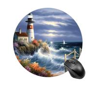 Gaming Mouse Pad 7.8" Non-Slip Rubber Base Lighthouse Diamond Painting Mousepad for Computer Laptop Home Office Desk Mousepads Waterproof Washable Cute Small Mouse Mat (Round Black)