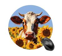 Gaming Mouse Pad 7.8" Non-Slip Rubber Base Painting Sunflower Cow Mousepad for Computer Laptop Home Office Desk Mousepads Waterproof Washable Cute Small Mouse Mat (Round Black)