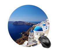Gaming Mouse Pad 7.8" Non-Slip Rubber Base Santorini Greek Sea View Mousepad for Computer Laptop Home Office Desk Mousepads Waterproof Washable Cute Small Mouse Mat (Round Black)