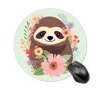 Gaming Mouse Pad 7.8" Non-Slip Rubber Base Sloth and Flowers Mousepad for Computer Laptop Home Office Desk Mousepads Waterproof Washable Cute Small Mouse Mat (Round Black)