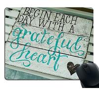 Gaming Mouse Pad, Begin Each Day with A Grateful Heart Quotes Rustic Turquoise Wood Design, Inspirational Bible Verse Scripture Quote Mouse Pads