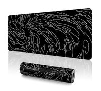 Gaming Mouse Pad L (31.5x11.8in) - Black Abstract Line Art Waves, Dark Japanese Doodle Design - Desk Mat for Gamers