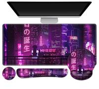 Gaming Mouse Pad, Large Desk Mat, Cute Desk Pad, 4in1 XXL Mousepad + Keyboard Wrist Rest+Mouse Wrist Rest+Coaster Set with Ergonomic Desk Pad for Home Office Table Computer, Purple Anime Neon
