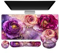 Gaming Mouse Pad, Large Desk Mat, Cute Desk Pad Protector, 4in1 XXL Mousepad + Keyboard Wrist Rest+Mouse Wrist Rest+Coaster Set with Ergonomic Desk Pad for Home Office PC, Marble Rose Purple Flowers