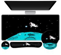 Gaming Mouse Pad, Large Desk Mat, Cute Desk Pad Protector, 4in1 XXL Mousepad + Keyboard Wrist Rest+Mouse Wrist Rest+Coaster Set with Ergonomic Desk Pad for Home Office PC Computer, Cool Space Alien