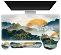 Gaming Mouse Pad, Large Desk Mat, Cute Desk Pad Protector, 4in1 XXL Mousepad +Keyboard Wrist Rest+Mouse Wrist Rest+Coaster Set with Ergonomic Desk Pad for Home Office Table Computer Green Mountain