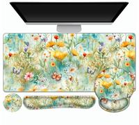 Gaming Mouse Pad, Large Desk Mat, Cute Desk Pad Protector, 4in1 XXL Mousepad + Keyboard Wrist Rest+Mouse Wrist Rest+Coaster Set with Ergonomic Desk Pad for Home Office PC Computer, Yellow Flowers
