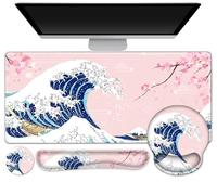 Gaming Mouse Pad, Large Desk Mat, Cute Desk Pad Protector, Pink Cherry Blossoms XXL Mousepad + Keyboard Wrist Rest+Mouse Wrist Rest+Coaster Set with Ergonomic Desk Pad, Japanese Wave of Kanagawa