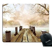 Gaming Mouse Pad,Ocean Fall Wooden Bridge Seasons Lake House Nature Country Rustic Seascape Desktop Mouse pad,Brown Beige Khaki Yellow