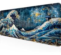 Gaming Mouse Pad Ocean Waves, Blue Mouse Pad 800x300x3 mm with Stitched Edges, Large Extended XXL Keyboard Mat with Anti Slip Base, Mause Mat for Desk Keyboard Decoration, Gifts for Men PjY13273 R-M