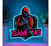 Gaming Neon Light Sign for Wall Art,Shooting Gamer UV Printed LED Neon Sign for Bedroom Man Cave Game Room,Soldier/Mercenary with Gun Background Gift for Teenagers Men Gamer,USB Powered（13.4"*12.6"）