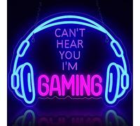 Gaming Neon Sign, Large Bright and Dimmable Colored LED Headset Gamer Neon Light and USB Powered Headphone Lightup Game Signs for Game Zone Video Room Boy Bedroom Wall Decor (Can't Hear You I'm