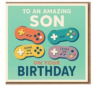 Gaming Son Birthday Card - To an Amazing Son - Colourful Game Controllers with 'Game On' and 'Level Up' - Gamer Theme for Boys or Teen