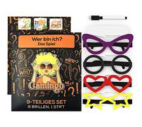 Gamingo Who Am I Game Adult - What Am I Game, Individually Writeable & Reusable, 4 Designs - Set of 8 Glasses & 1 Pen