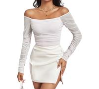 GAMISS Mesh Long Sleeve Top Women Clothes Ruched Tops Stretchy Glitter Fitted Tops Shinning Mesh Tops, White Matte, S