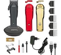 GAMMAPIU' Absolute Alpha Professional Men's Hair Clipper, Rechargeable, 45mm Flat Blade, 5 Combs and Cleaning Kit, Electric Beard Trimmer with Base, Cable USB, 3 Covers Red Black Gold