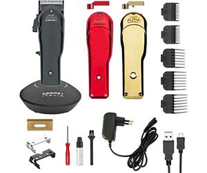 GAMMAPIU' Absolute Alpha Professional Men's Hair Clipper, Rechargeable, 45mm Flat Blade, 5 Combs and Cleaning Kit, Electric Beard Trimmer with Base, Cable USB, 3 Covers Red Black Gold