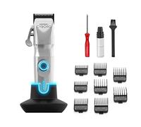 GAMMAPIÙ Cyborg Professional Men's Hair Clipper with Brushless Digital Motor, 200 Min. Wireless Autonomy, 2 Adjustable Blade Levers 0 Gap, 8 Combs, Charging Base, Metal Body