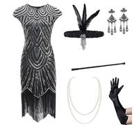 Gammify 1920s Women's Evening Dress V-Neck Sequins Beads Fringe Dress with 20s Accessories Set, Black and silver, XXL
