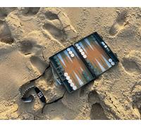 GAMMN Travel Backgammon Carry Case - Rugged Durable High Impact Khaki Green Modern Case With Cork Playing Field, Resin Checkers + Shoulder Strap, 34 x 26cm closed case, Adults 14+