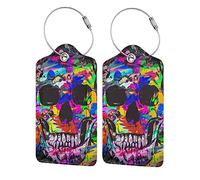 GAMSJM 2 Pack Luggage Tags for Suitcases, Artistic Skull Luggage Tag, Leather Stainless Steel Loop Label Tag for Men Travel Bag Suitcase
