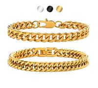 Gamtic 2PCS Mens Silver Cuban Bracelet - Stainless Steel Curb Chain Bracelets for Men Dad Boyfriend Husband Father's Day Birthday Anniversary with Gift Box Card Gold Platd 23CM (Gold, 23.00)
