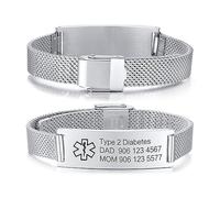 Gamtic Emergency Medical Bracelet for Women - Personalised Stainless Steel ID Bangle Engraved Identification Medic Alert Bracelets Customizable Epilepsy Type 1/2 Diabets Bracelets (Silver)