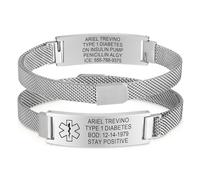 Gamtic Medical Alert Bracelet for Men Women - Dual-Sided Custom Free Engraved ID Identification Personalised Emergency SOS Wristband Adjustable Band Security Clasp (Silver - 14mm width)