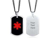 Gamtic Medical Alert Necklace Personalised - Free Custom Engraving Gift Stainless Steel ID Dog Tag Pendant for Men Women, Medic Data Allergy SOS Awareness Emergency Identity (Black)