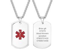 Gamtic Medical Alert Necklace Personalised - Free Custom Engraving Gift Stainless Steel ID Dog Tag Pendant for Men Women, Medic Data Allergy SOS Awareness Emergency Identity (Silver)