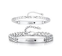 Gamtic Personalised Matching Couple Bracelets For Women Men - Engraved Identity Custom Promise for Him and Her BF GF Husband Valentine's Day Anniversary Birthday Gift (style2: silver+silver)