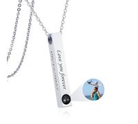 Gamtic Personalised Photo Projection Necklace - Custom Bar Pendant with Picture Inside for Men Women Customizable Name Engraving Vertical Memorial Jewelry Gifts for Dad Friend Couples (Silver)