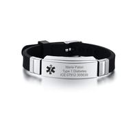 Gamtic Personalised Silicone Medical Alert Bracelets - Free Engraving Unisex Medic ID Wristband for Men Women Custom Emergency Contact SOS Adjustable Outdoor Sports Daily Cuff Bracelet (Black-silver)