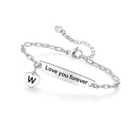 Gamtic Personalized Bracelet for Women, Custom Name Engraved Bar Charm | Double-Sided Engraving, Initial Heart Charm, Stainless Steel Link Chain, Adjustable 7-8.6 in Fit