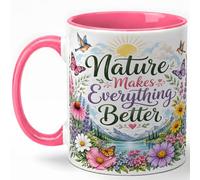 GAMUDA Nature Makes Everything Better Coffee Mug, Floral Mountain Mug, Outdoor Hiking Birthday Christmas Gift, Butterfly Wildflower Lake Quote Art, 11 oz White Ceramic Coffee Cup Gift