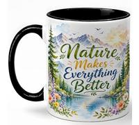 GAMUDA Nature Makes Everything Better Coffee Mug, Mountain Lake Nature Mug, Outdoor Hiking Birthday Christmas Gift, Watercolor Wildflower Forest Quote Art, 11 oz White Ceramic Coffee Cup Gift