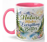 GAMUDA Nature Makes Everything Better Coffee Mug, Nature Lover Mug, Outdoor Birthday Christmas Gift for Women Men, Mountain Lake Wildflower Art, 11 oz White Ceramic Coffee Cup