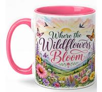 GAMUDA Pastel Wildflower Coffee Mug, Where the Wildflowers Bloom Mug, Cottagecore Spring Birthday Christmas Gift, Meadow Butterfly Farmhouse Art, 11 oz White Ceramic Coffee Cup