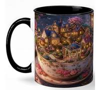 GAMUDA Rose Teacup Village 11oz Ceramic Mug, Cottage Floral Coffee Cup