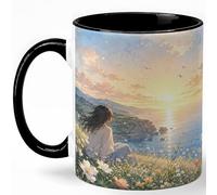 GAMUDA Sunset Coastal Meadow Coffee Mug, Peaceful Ocean View Mug, Nature Lover Birthday Christmas Gift, Wildflower Cliff Sunrise Anime Style Art, 11 oz White Ceramic Coffee Cup for Tea