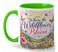 GAMUDA Where the Wildflowers Bloom Coffee Mug, Cottagecore Floral Mug, Spring Birthday Christmas Gift for Women, Meadow House Butterfly Quote Art, 11 oz White Ceramic Coffee Cup Gift