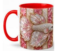 GAMUDA White Betta Fish Coffee Mug, Aquarium Fish Mug, Ceramic 11 oz