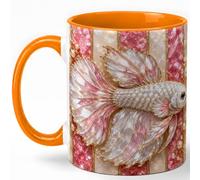 GAMUDA White Betta Fish Coffee Mug, Aquarium Fish Mug, Ceramic 11 oz
