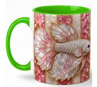 GAMUDA White Betta Fish Coffee Mug, Aquarium Fish Mug, Ceramic 11 oz