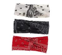 GANAZONO 3pcs Bohemia Wide Twisted Hairbands with Flower Prints Elastic Breathable Headwraps for Women Comfortable Sweat Absorbing Boho Style Hair Bands in Red Black White