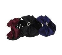 GANAZONO 3pcs Professional Hair Nets with Bow Clips for Nurses Lightweight Elastic Mesh Bun Covers in Blue Burgundy Black with Resin Rhinestone Decoration for Hospital and Office